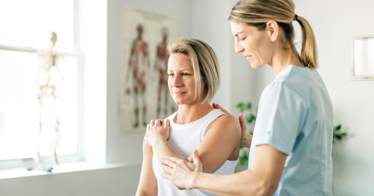 Education for empowering clients to take an active role in their own health. A physiotherapist and client working together